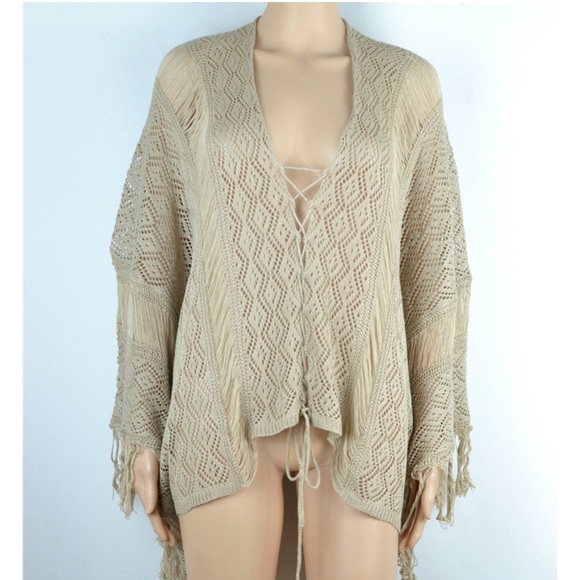 SOLD OUT CLEARANCE Khaki Boho Fringe Crochet Knit One Size Top - Picture 5 of 7
